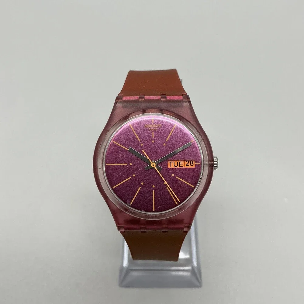 Swatch Sneaky Peaky Womens Watch 34mm Purple Dial Day Date Swiss New Battery